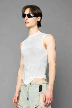 white contour top by NAMILIA featuring a sculpted fit, corset-style waist with hook-and-eye closure, and high neckline. Statement shaping top.