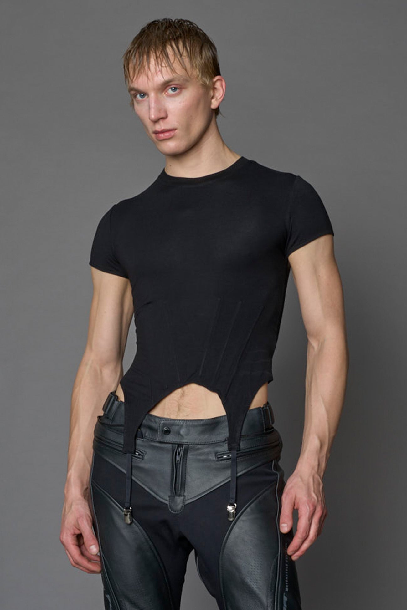 Namilia mini tee in black with detachable suspender straps