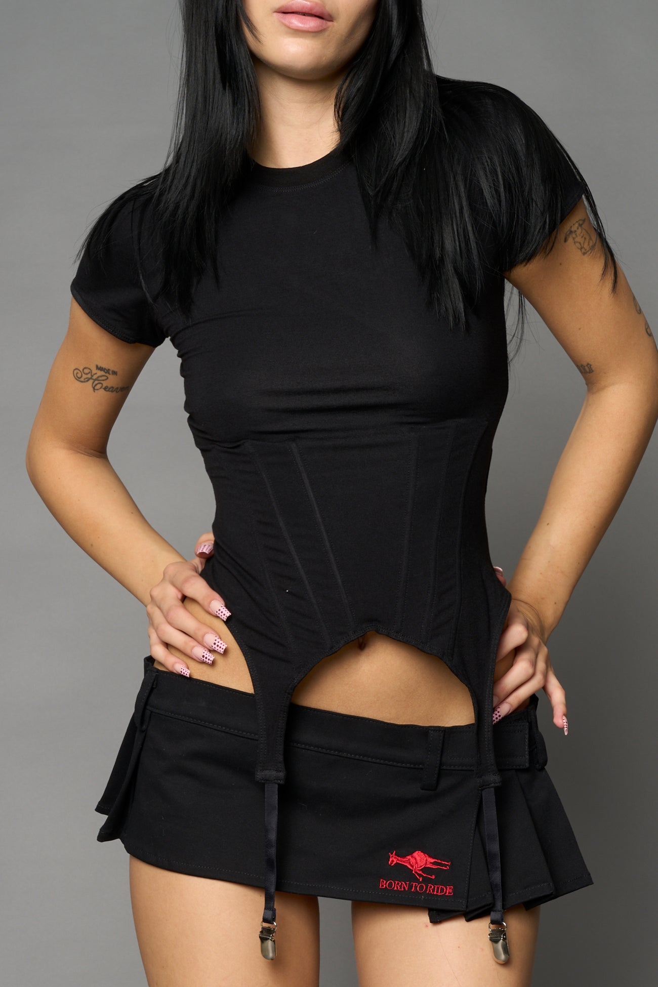 Namilia mini tee in black with detachable suspender straps