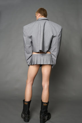 Grey Namilia cropped blazer with oversized padded shoulders, single button closure and boxy silhouette