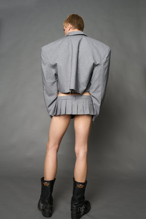 Grey Namilia cropped blazer with oversized padded shoulders, single button closure and boxy silhouette