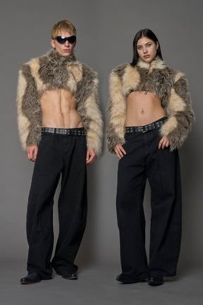 brown cropped faux fur jacket with exaggerated shoulders and high neck – bold statement outerwear for nightlife, streetwear, or runway looks.