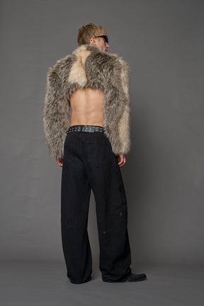 brown cropped faux fur jacket with exaggerated shoulders and high neck – bold statement outerwear for nightlife, streetwear, or runway looks.