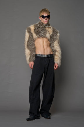 brown cropped faux fur jacket with exaggerated shoulders and high neck – bold statement outerwear for nightlife, streetwear, or runway looks.