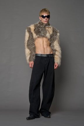 brown cropped faux fur jacket with exaggerated shoulders and high neck – bold statement outerwear for nightlife, streetwear, or runway looks.