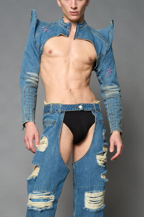 Namilia blue cropped denim bolero jacket with exaggerated shoulders and pink embroidery on back