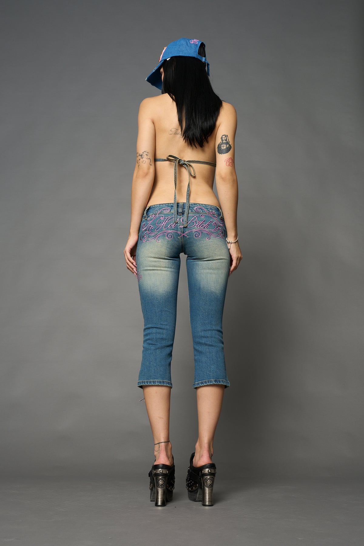 Namilia blue detachable denim jumpsuit capri with embroidery on back waistband and faded wash