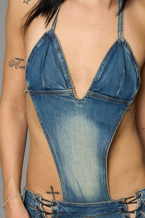 Namilia blue detachable denim jumpsuit capri with embroidery on back waistband and faded wash