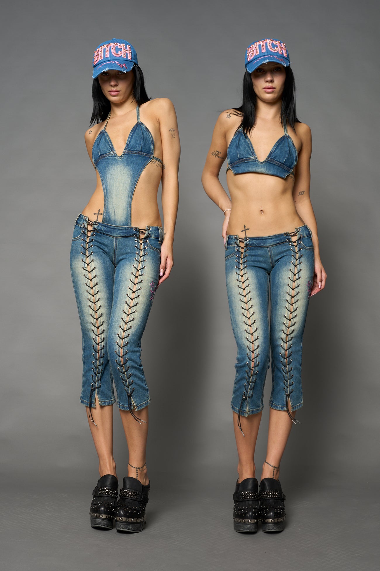 Namilia blue detachable denim jumpsuit capri with embroidery on back waistband and faded wash
