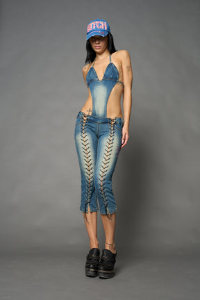 Namilia blue detachable denim jumpsuit capri with embroidery on back waistband and faded wash