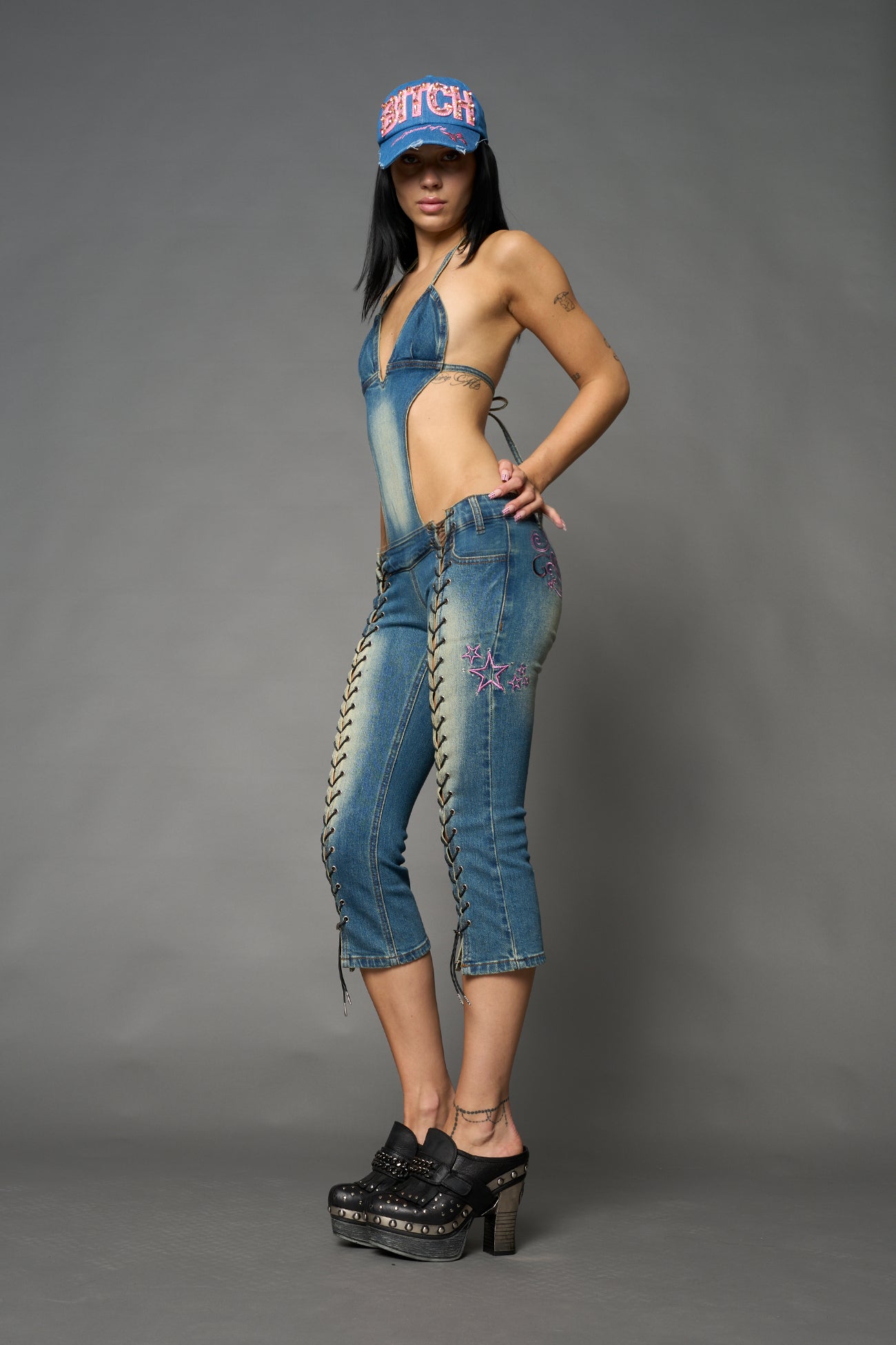 Namilia blue detachable denim jumpsuit capri with embroidery on back waistband and faded wash