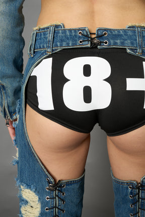 Namilia shredded blue denim chaps with low-rise fit, extreme thigh cut-outs and distressed straight legs