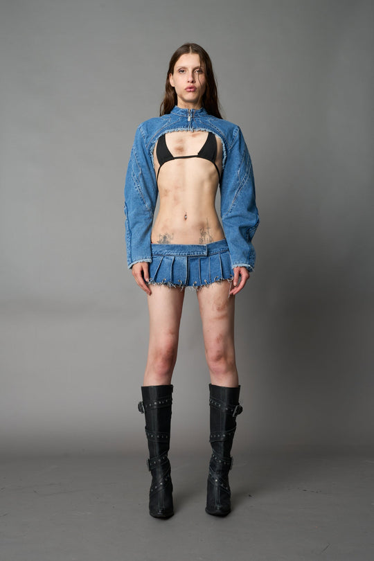 Denim Pleated Mini Skirt With Rings