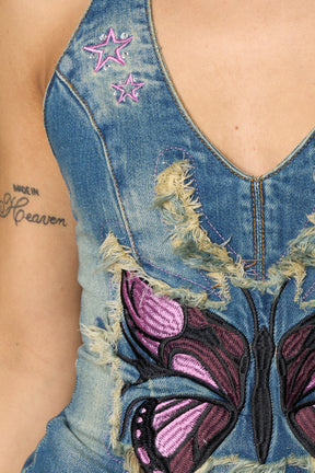 Namilia blue denim halter top with lace-up corset detail and frayed hem