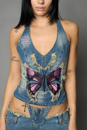 Namilia blue denim halter top with lace-up corset detail and frayed hem