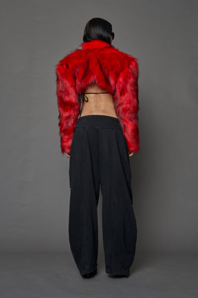 red cropped faux fur jacket with exaggerated shoulders and high neck – bold statement outerwear for nightlife, streetwear, or runway looks.