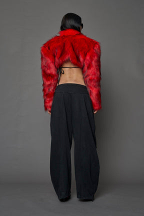 red cropped faux fur jacket with exaggerated shoulders and high neck – bold statement outerwear for nightlife, streetwear, or runway looks.