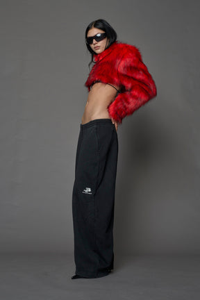 red cropped faux fur jacket with exaggerated shoulders and high neck – bold statement outerwear for nightlife, streetwear, or runway looks.