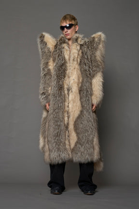 model wearing brown spike shoulder long faux fur coat