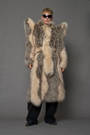 model wearing brown spike shoulder long faux fur coat