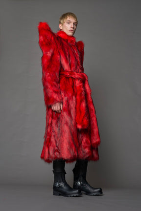 model wearing red spike shoulder long faux fur coat