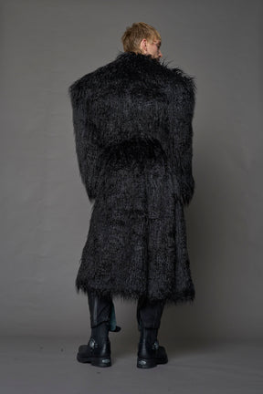 black faux fur coat with shoulder pads and  belt