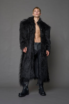black faux fur coat with shoulder pads and  belt