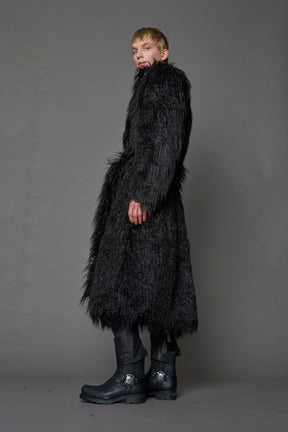 black faux fur coat with shoulder pads and  belt