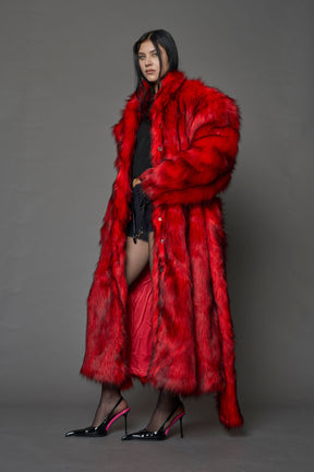 red faux fur coat with shoulder pads and  belt