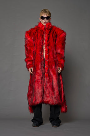 red faux fur coat with shoulder pads and  belt