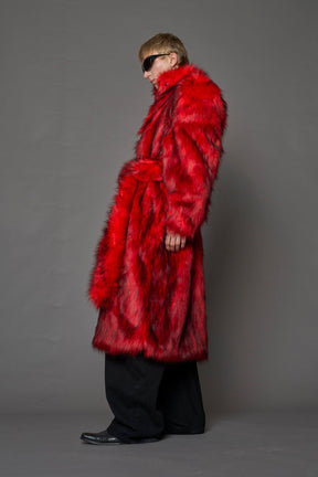 red faux fur coat with shoulder pads and  belt