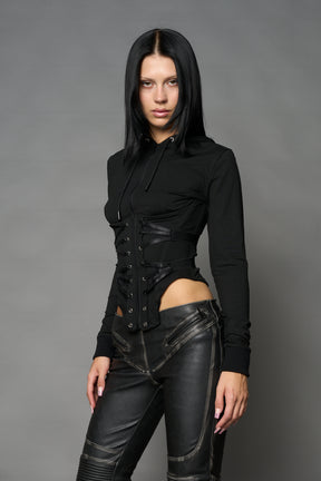 Black Namilia zip-up hoodie with built-in corset, lace-up front, cut-out sides and drawstring hood