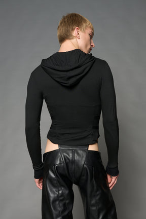 Black Namilia zip-up hoodie with built-in corset, lace-up front, cut-out sides and drawstring hood