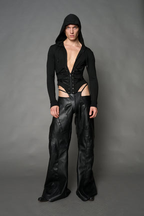 Black Namilia zip-up hoodie with built-in corset, lace-up front, cut-out sides and drawstring hood