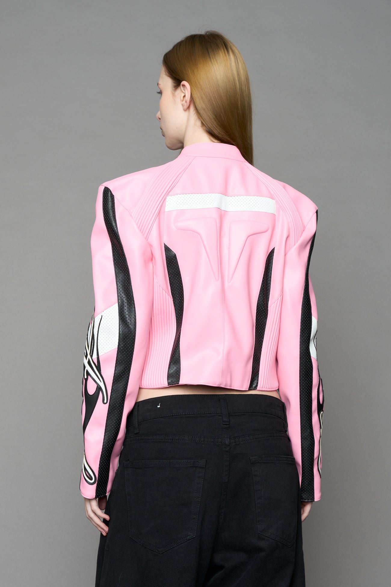pink motocross vegan leather jacket with embroidered sleeve