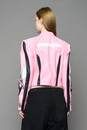 pink motocross vegan leather jacket with embroidered sleeve