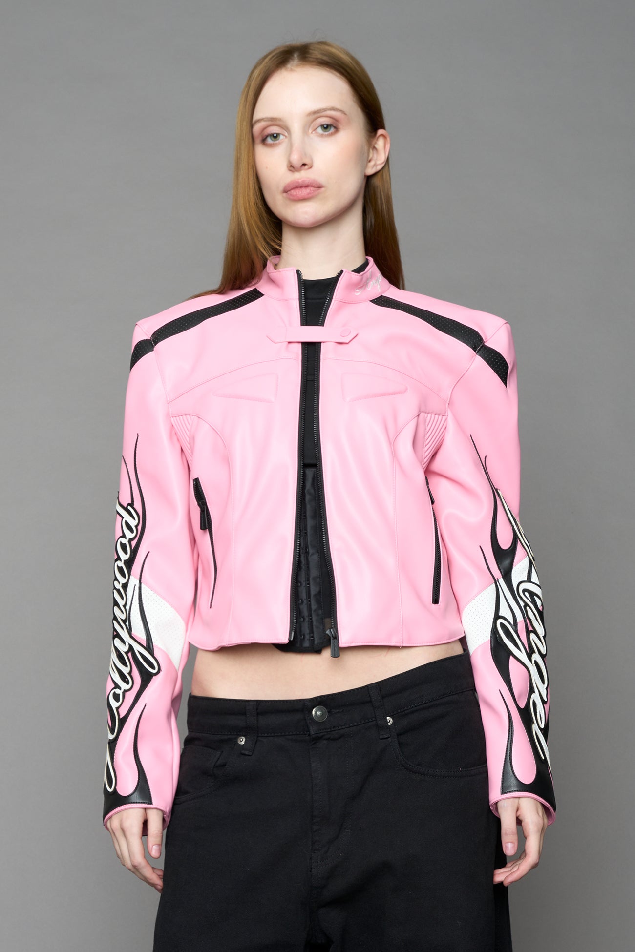 pink motocross vegan leather jacket with embroidered sleeve