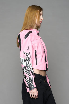 pink motocross vegan leather jacket with embroidered sleeve