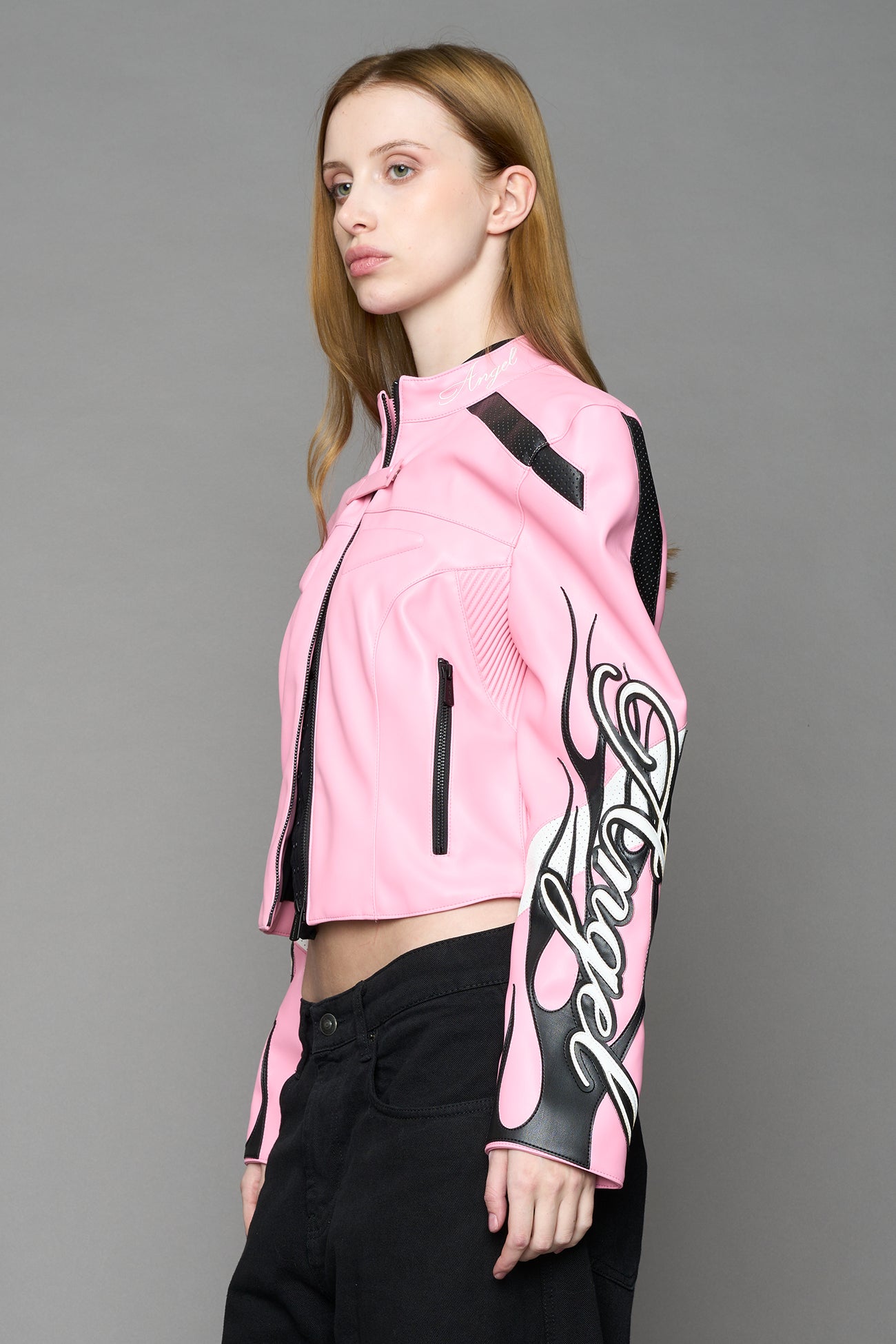 pink motocross vegan leather jacket with embroidered sleeve