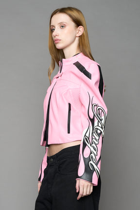 pink motocross vegan leather jacket with embroidered sleeve