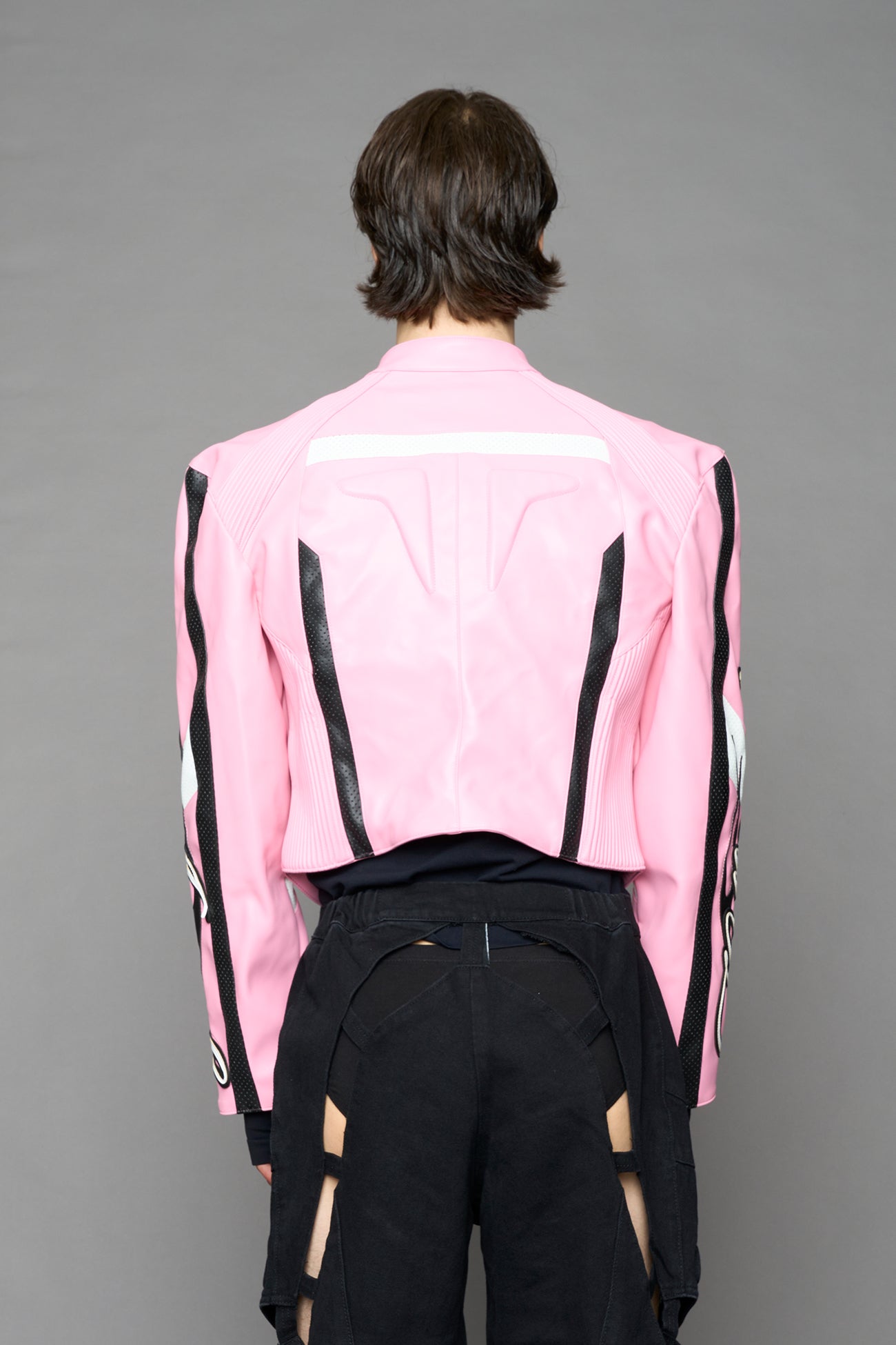 pink motocross vegan leather jacket with embroidered sleeve