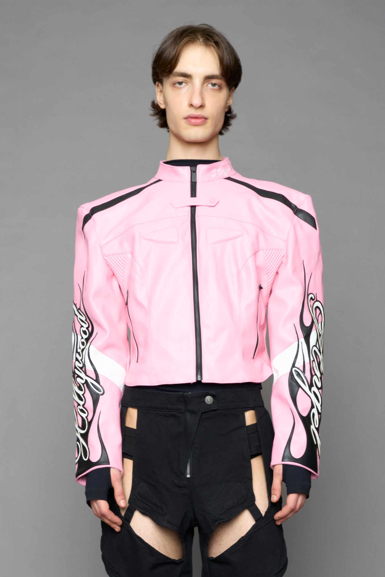 pink motocross vegan leather jacket with embroidered sleeve
