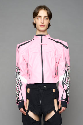 pink motocross vegan leather jacket with embroidered sleeve