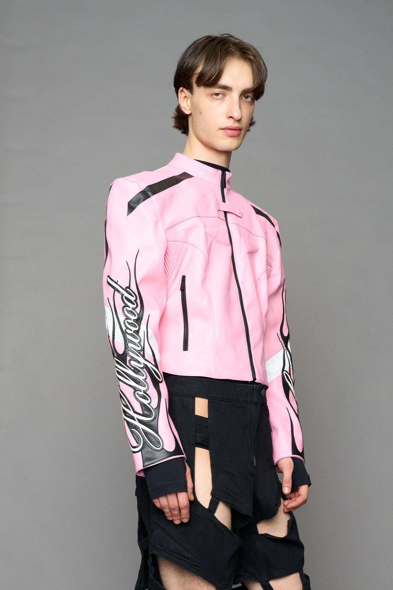 pink motocross vegan leather jacket with embroidered sleeve