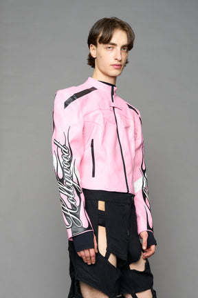 pink motocross vegan leather jacket with embroidered sleeve