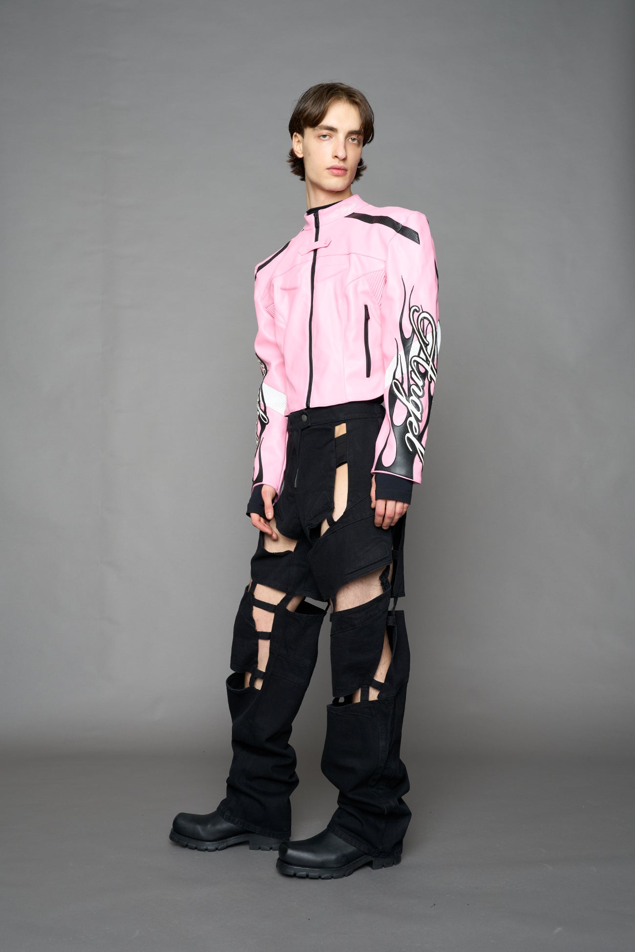 pink motocross vegan leather jacket with embroidered sleeve