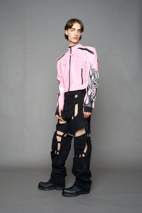 pink motocross vegan leather jacket with embroidered sleeve