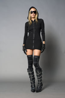model wearing black soft jersey short dress with hood and backless cut out