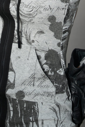 model wearing grey print soft jersey short dress with hood and backless cut out