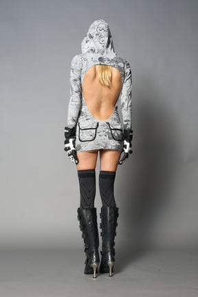 model wearing grey print soft jersey short dress with hood and backless cut out
